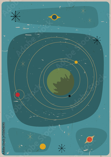 Atomic Age Space Illustration, 1950s Style Wallpaper, Mid Century Modern Color Background, Aged Texture Pattern 