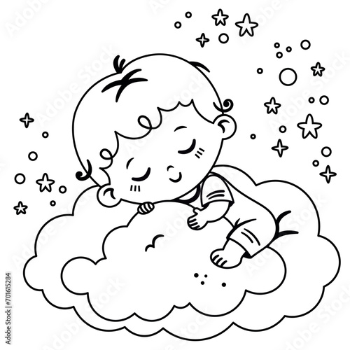 Black and white vector illustration of a baby boy sleeping on the clouds.