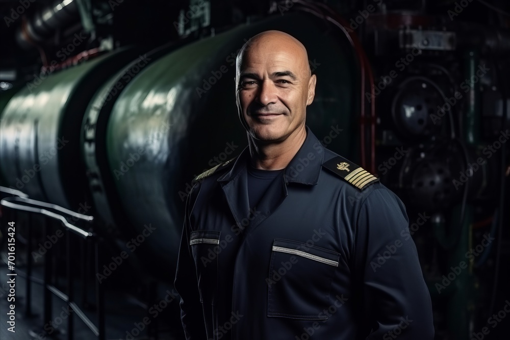 portrait of a mature man in a factory with tanks in the background portrait of a mature man in a factory with tanks in the background