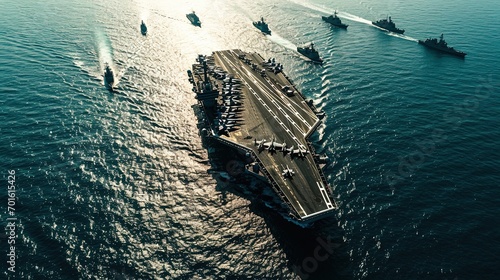 Aerial view. The aircraft carrier accompanied by a squad ships. Space for text. photo