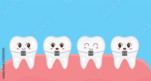 A row of teeth with braces. Orthodontics. Alignment of teeth with braces. Vector illustration in cartoon style. Kawaii mascot collection for medical apps, websites and hospital. Oral healthy.