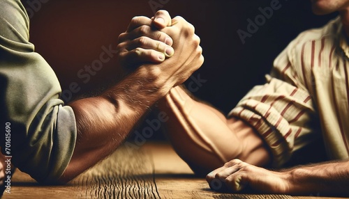 Two people engaged in an intense arm-wrestling match photo
