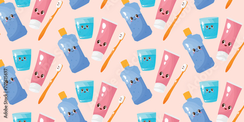 Seamless pattern of teeth care equipment and stuff. Vector illustration. Cartoon style. Items for dental and oral care. Mouthwash, toothpaste, toothbrush, glass of water. 