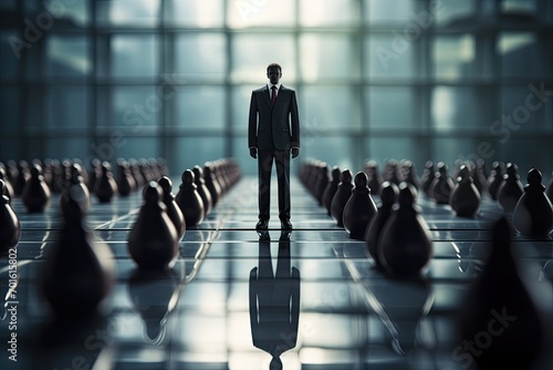 The figure of a man standing in the hall with a large number of pawns. Business concept.