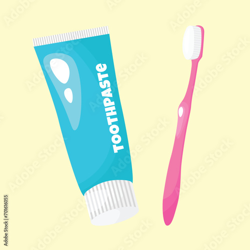 Toothbrush and toothpaste isolated on white background. Vector illustration in catroon style. Teeth care product. Oral hygiene.