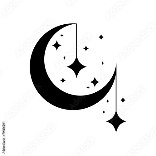 Black crescent moon with stars icon vector design