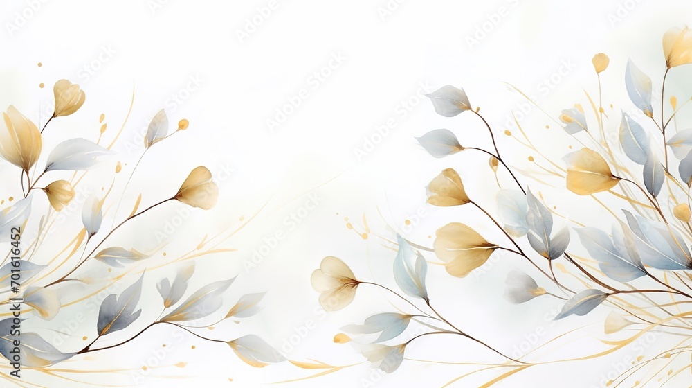 Spring floral in watercolor vector background. Luxury wallpaper design with leaf branch, eucalyptus, line art. Elegant gold botanical illustration suitable for fabric, prints, cover.  Generative Ai - obrazy, fototapety, plakaty 