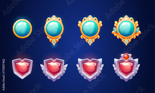Game rank badges set isolated on background. Vector cartoon illustration of blue and red gemstone buttons decorated with golden and silver frames, level progress icon, rating emblem, war trophy design