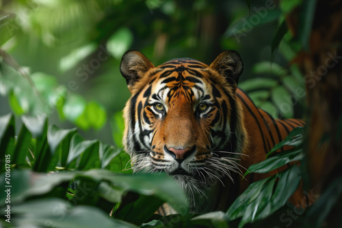 A tiger is lurking behind the leaves in the rain forest © Kien
