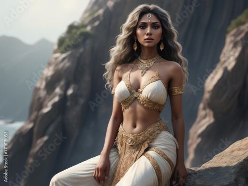 Enigmatic Siren - Very Tall South Asian woman with inverted triangle physique singing on a rocky cliff with wavy hair, black eyes, and elegant white tones Gen AI photo