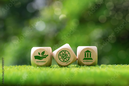 Concepts of ESG, environment, society and governance Sustainable Business and Green Business Sustainable energy. Esg icons on green background wooden blocks.