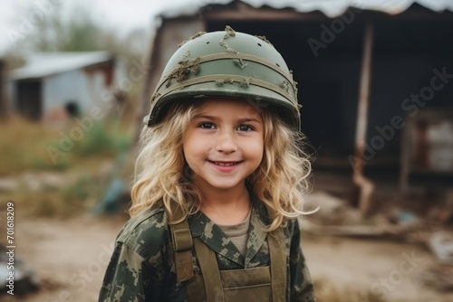Portrait of a cute little girl in a military uniform, outdoors © Nerea