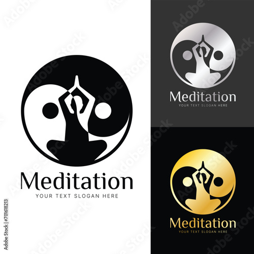 Meditation symbol - Human in yoga poses with hands namaste in yin yang zen circle vector design