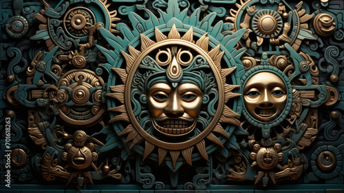 Maya ancient civilization background. Mayan tribal pattern with a totem face in the center of the image.