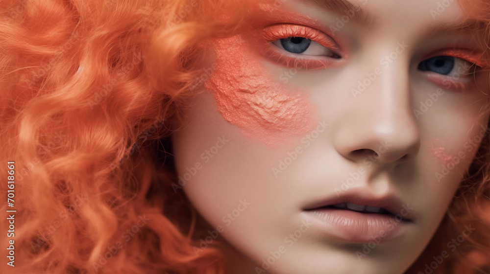 Beauty Girl with Peach Make-up and Orange Hair . Beautiful Woman Face. Peach fuzz palette colors. Colour trend 2024. Pantone Peach Fuzz 13-1023 Beauty Girl with Peach Make-up and Orange Hair . Beautiful Woman Face. Peach fuzz palette colors. Colour trend 2024. Pantone Peach Fuzz 13-1023