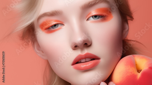 Beauty Girl with Bright Peach Make-up and Pink Hair . Beautiful Woman Face. Peach fuzz palette colors. Colour trend 2024. Pantone Peach Fuzz 13-1023
