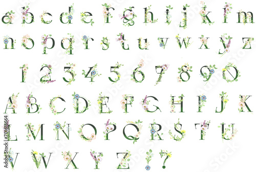 深緑色のおしゃれな花文字（アルファベット、数字）