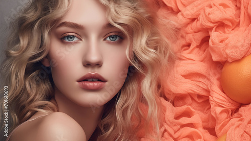 Beauty Sexy girl with peach make-up. Beautiful woman face with peach fuzz color make up. Peach fuzz palette colors. Pantone Peach Fuzz 13-1023. Colour trend 2024