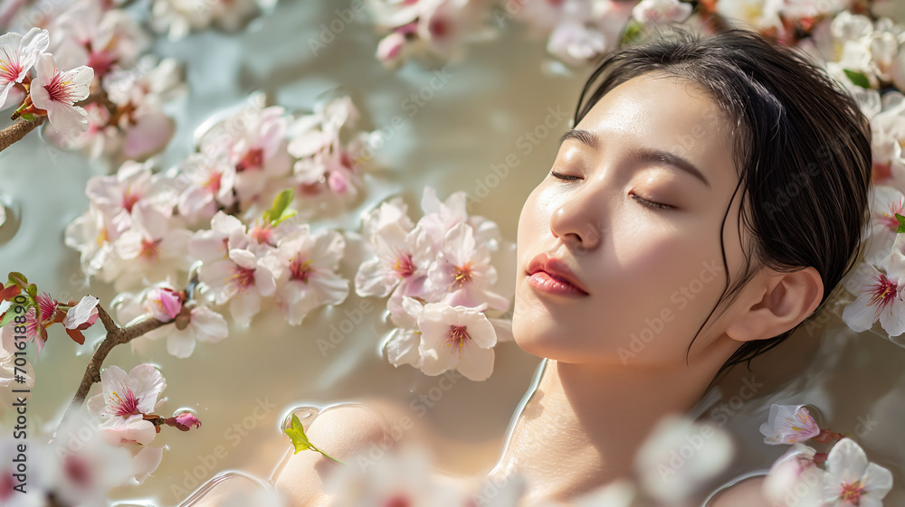 Portrait of beautiful Japanese enjoying spa surrounded by flowers, spa concept, skincare Portrait of beautiful Japanese enjoying spa surrounded by flowers, spa concept, skincare