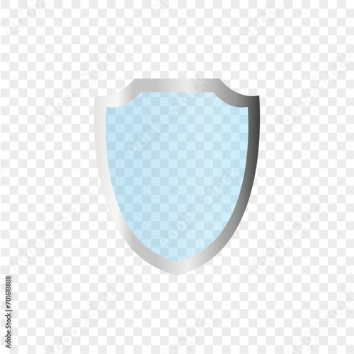 Glass shield in front view. Blue acrylic security shield or plexiglass plate with gleams and light reflections. Concept of award trophy or safety on transparent background. 