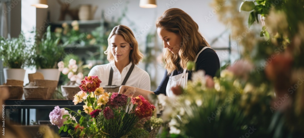Florists arranging fresh flowers in boutique shop. Small business and entrepreneurship.