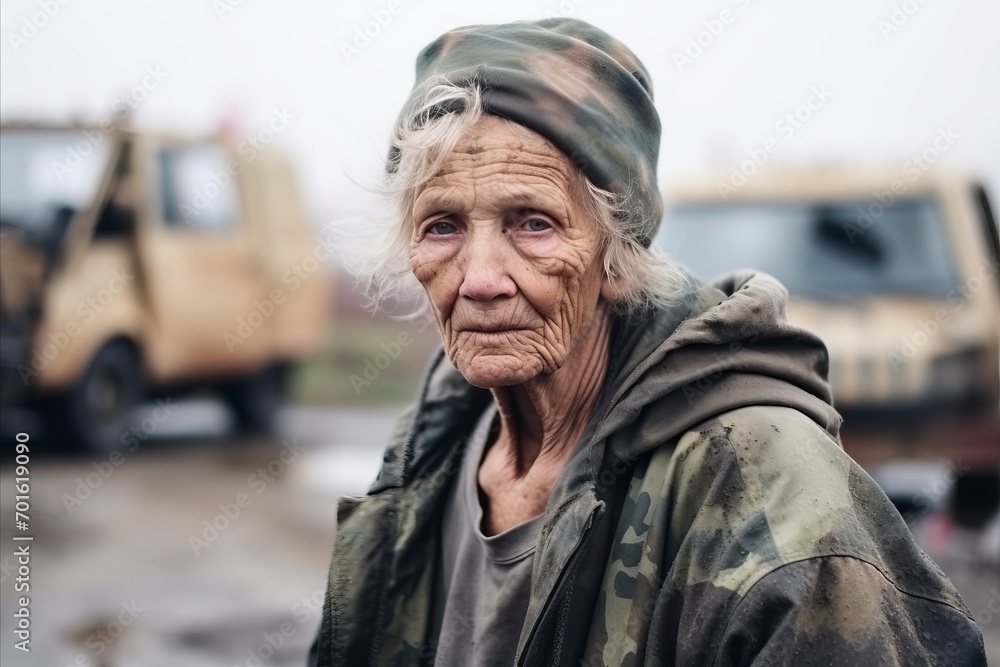 Portrait of an elderly woman on the background of military vehicles. Portrait of an elderly woman on the background of military vehicles.
