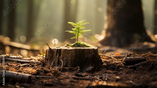 A tree stump with a green plant growing out of it