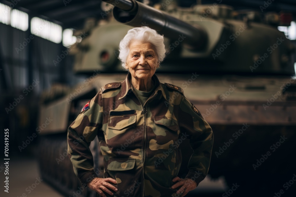 Portrait of a senior soldier standing in front of a tank.