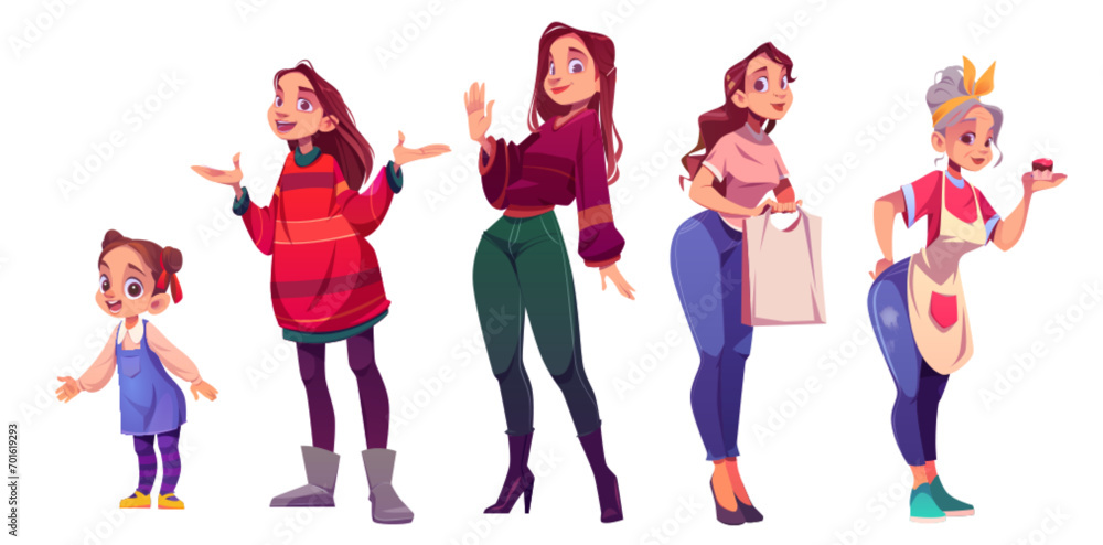Female character child to senior age life cycle set. Vector cartoon ...
