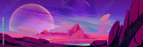 Alien planet landscape with rocky surface and lake. Vector cartoon illustration of pink and purple space background  stars shimmering in night sky  water puddles and stones in martian desert  cosmos