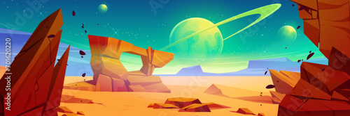 Alien planet landscape with rocky surface. Vector cartoon illustration of yellow and brown space background, stars shimmering in night sky, stones in dry desert, cosmic scenery for adventure game