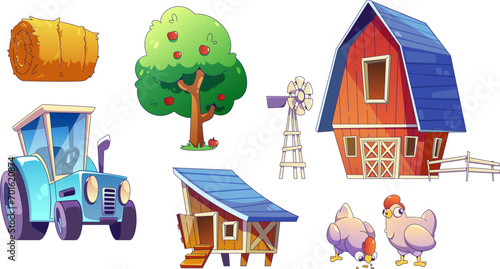 Farm game design elements set isolated on white background. Vector cartoon illustration of blue tractor, wooden barn house and chicken coop, haystack and apple tree, funny hen, village garden assets