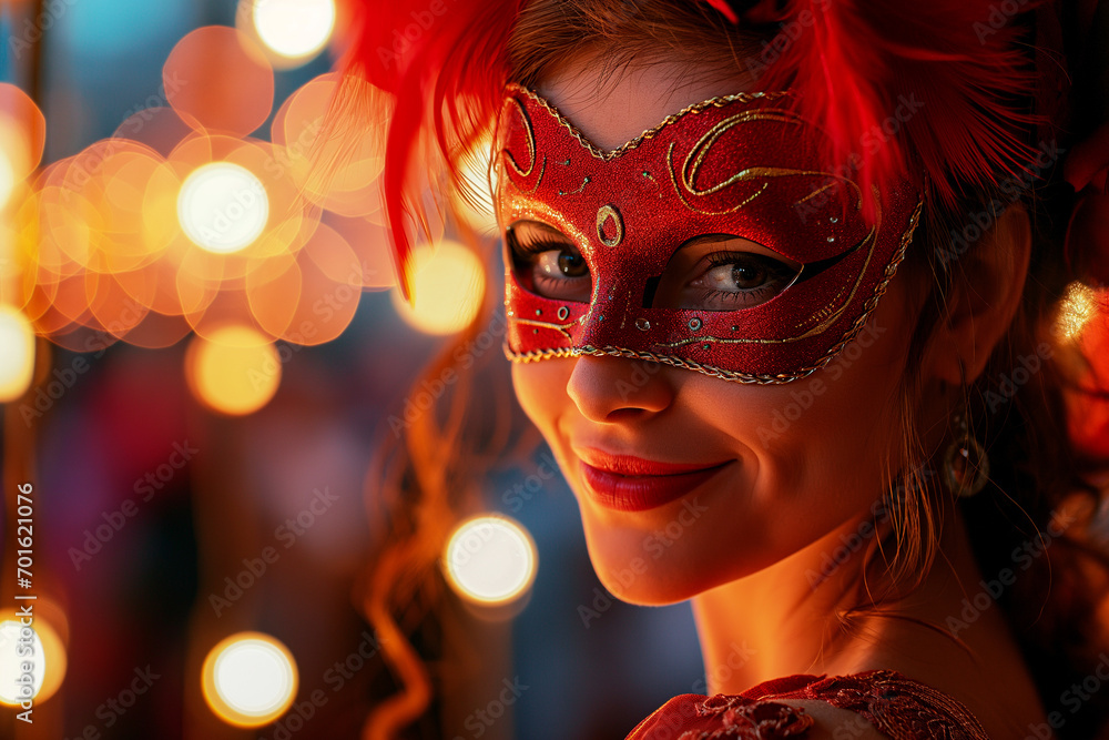 Woman with red carnival mask smiling, portrait