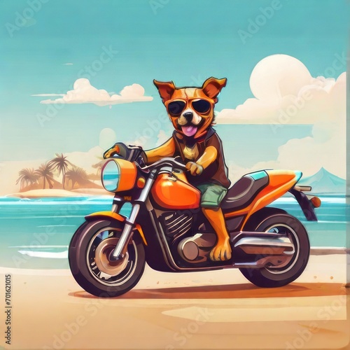 Cartoon dog on a motorbike on the beach. Vector illustration. © Dustin Ai