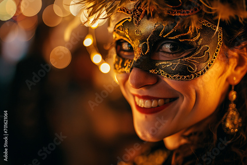 Woman with golden carnival mask smiling, portrait