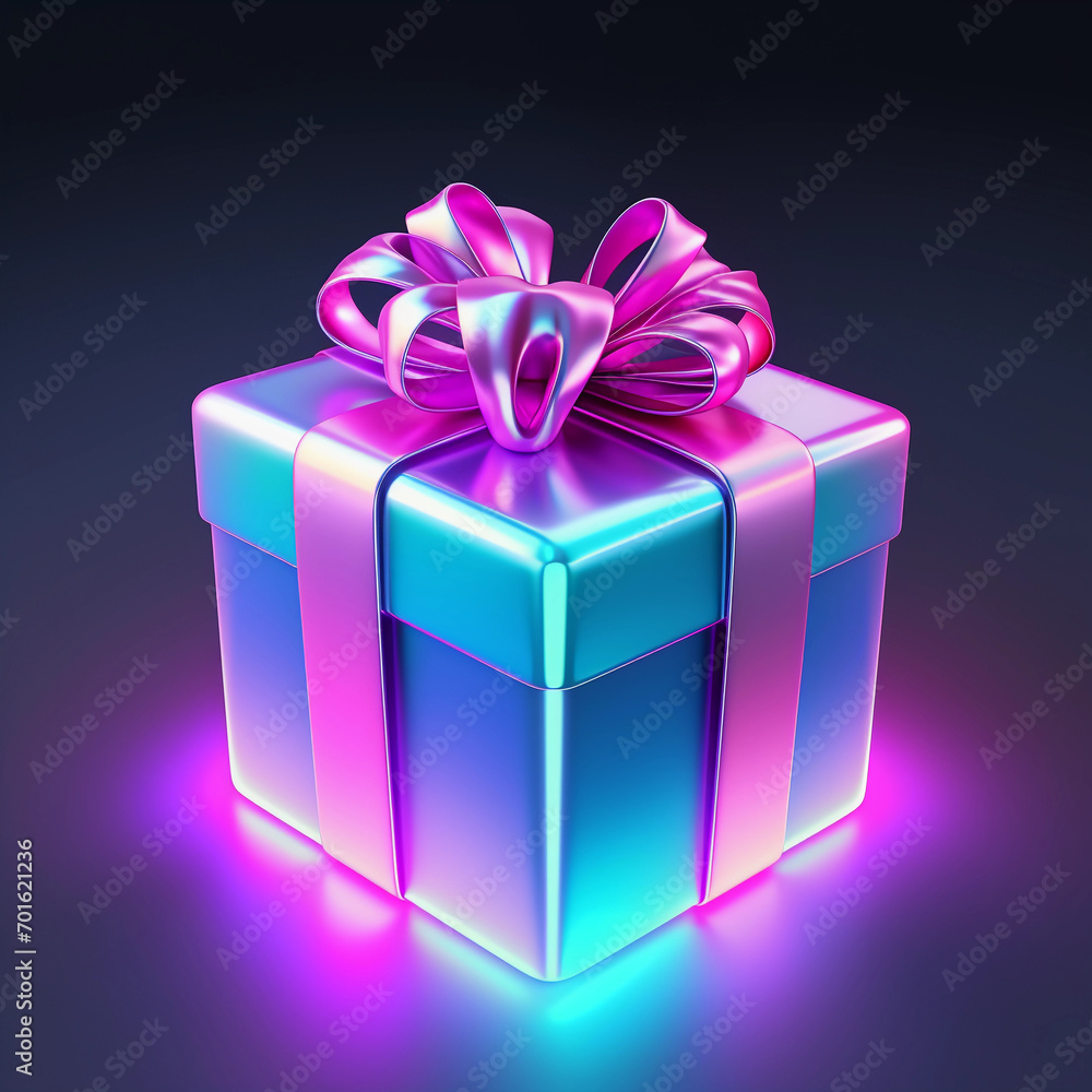 Obraz premium Colorful neon glowy gift box isolated on white background illustration. 