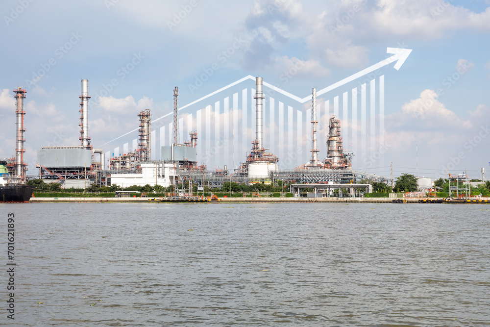 Oil gas refinery or petrochemical plant. Include arrow, graph or bar chart. Increase trend or growth of production, market price, demand, supply. Concept of business, industry, fuel, power energy. Oil gas refinery or petrochemical plant. Include arrow, graph or bar chart. Increase trend or growth of production, market price, demand, supply. Concept of business, industry, fuel, power energy.