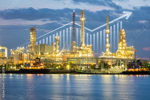 Oil gas refinery or petrochemical plant. Include arrow  graph or bar chart. Increase trend or growth of production  market price  demand  supply. Concept of business  industry  fuel  power energy.