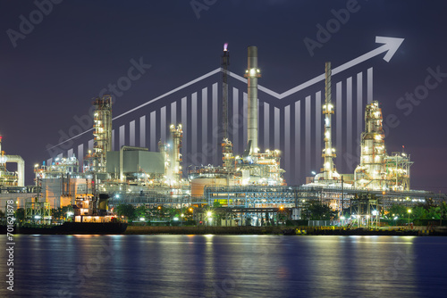 Oil gas refinery or petrochemical plant. Include arrow, graph or bar chart. Increase trend or growth of production, market price, demand, supply. Concept of business, industry, fuel, power energy. © DifferR