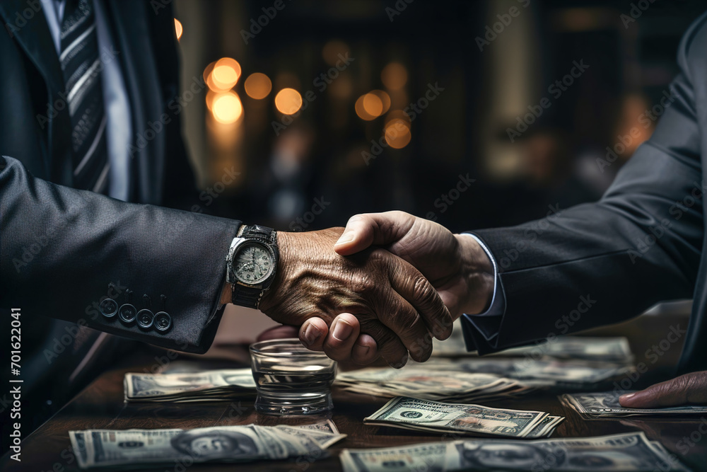 Two people shaking hands over a pile of money in the background. - obrazy, fototapety, plakaty 