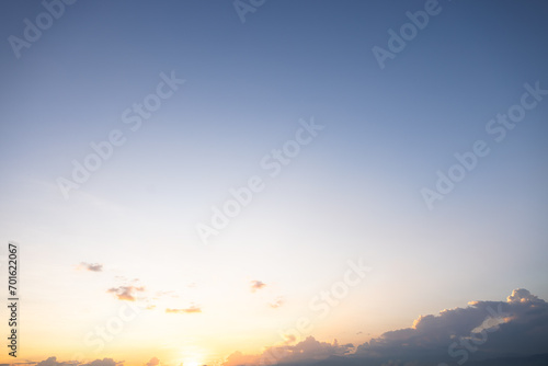 Beautiful sky and cloud at high. Include space  light of nature  sunset  sunrise. Colorful with yellow  orange and blue color at evening time in autumn for scene  backdrop  background and wallpaper.
