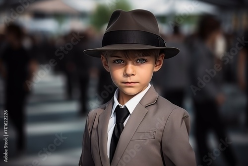 Little boy in a suit and hat on the background of the street