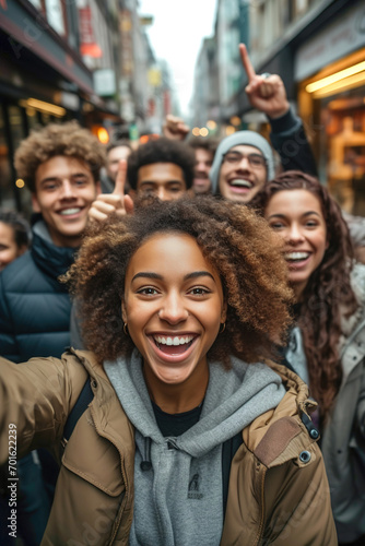 A group of young people taking a selfie on the street with many stores. © Degimages