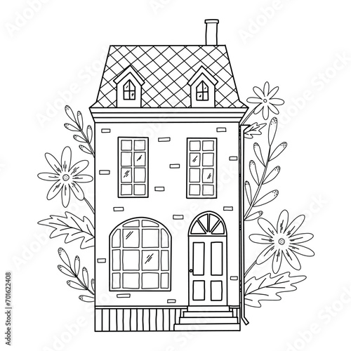 cute hand drawn cottage, house decorated with flowers and leaves for prints, cards, posters, coloring pages, sublimation, stationary, scrapbooking,  banners, etc. EPS 10