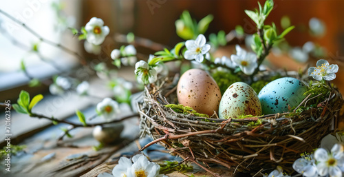 Vintage Country Easter Nest with Speckled Eggs on a Wooden Window Sill in Morning Ligh