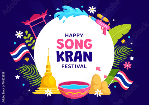 Happy Songkran Festival Day Vector Illustration with Kids Playing Water Gun in Thailand Celebration in National Holiday Flat Cartoon Background © denayune