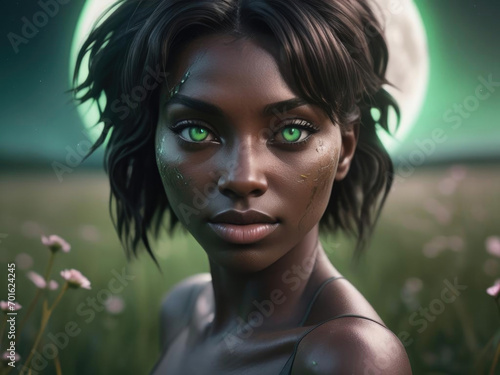 Ethereal Beauty - Wide-angle close-up of a seductive leanan sidhe with mesmerizing green eyes in a moonlit meadow Gen AI photo