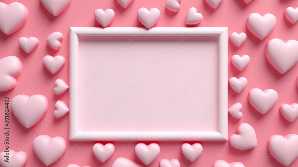 White frame and hearts pattern on pink background with Happy valentine day. Beautiful mini heart style. 3D rendering. Generative Ai White frame and hearts pattern on pink background with Happy valentine day. Beautiful mini heart style. 3D rendering. Generative Ai