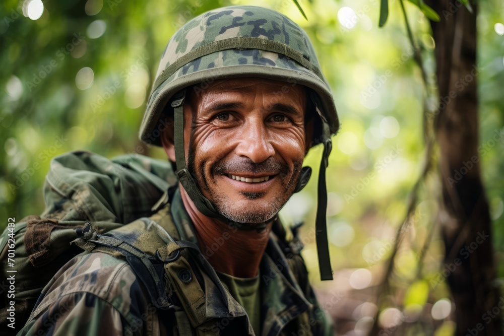 Portrait of a smiling soldier in the jungle. Army soldier.