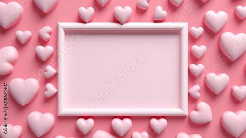 White frame and hearts pattern on pink background with Happy valentine day. Beautiful mini heart style. 3D rendering. Generative Ai © mahaart